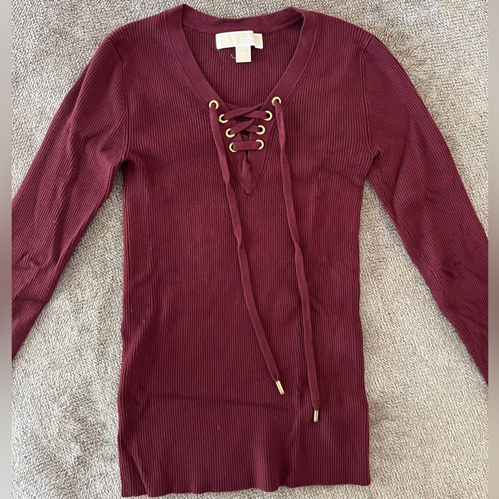 Michael Kors Burgundy Lace-Up Sweater with Gold Accents XS